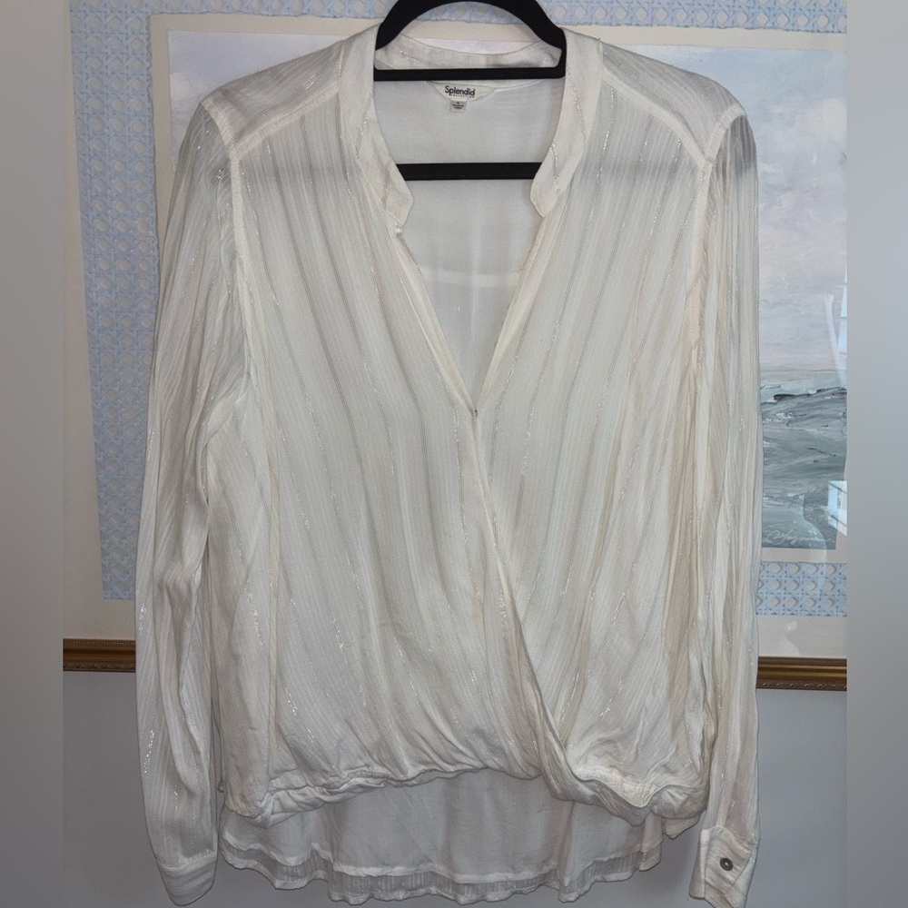 Splendid White Pleated Wrap Blouse with Mandarin Collar